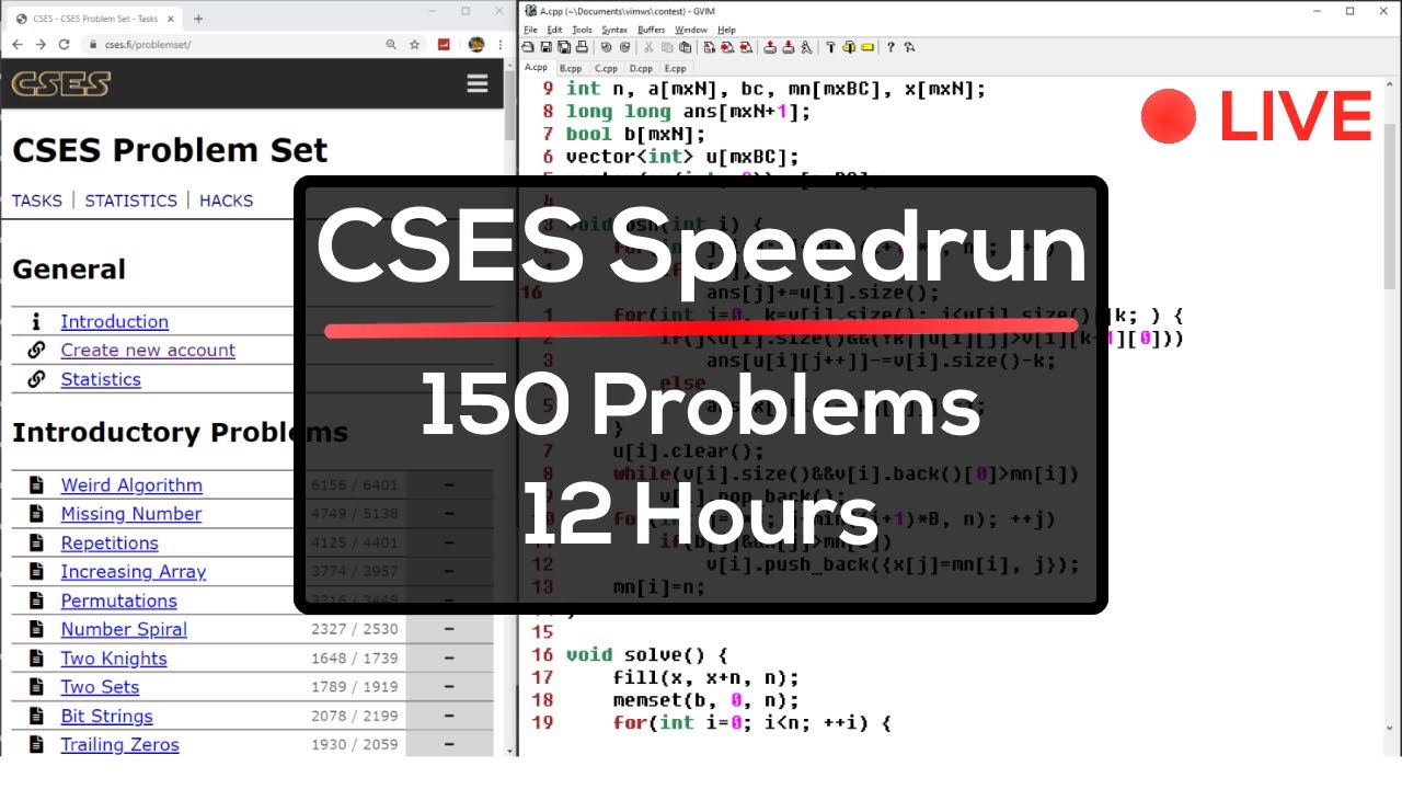 Solving CSES Problemset [12 Hour Livestream] [150 coding problems]
