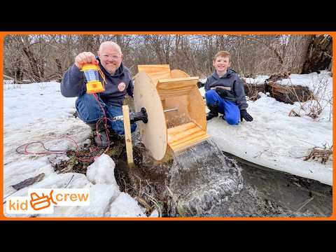 Building water wheel to make power with construction snowmobile, trailer. Educational | Kid Crew