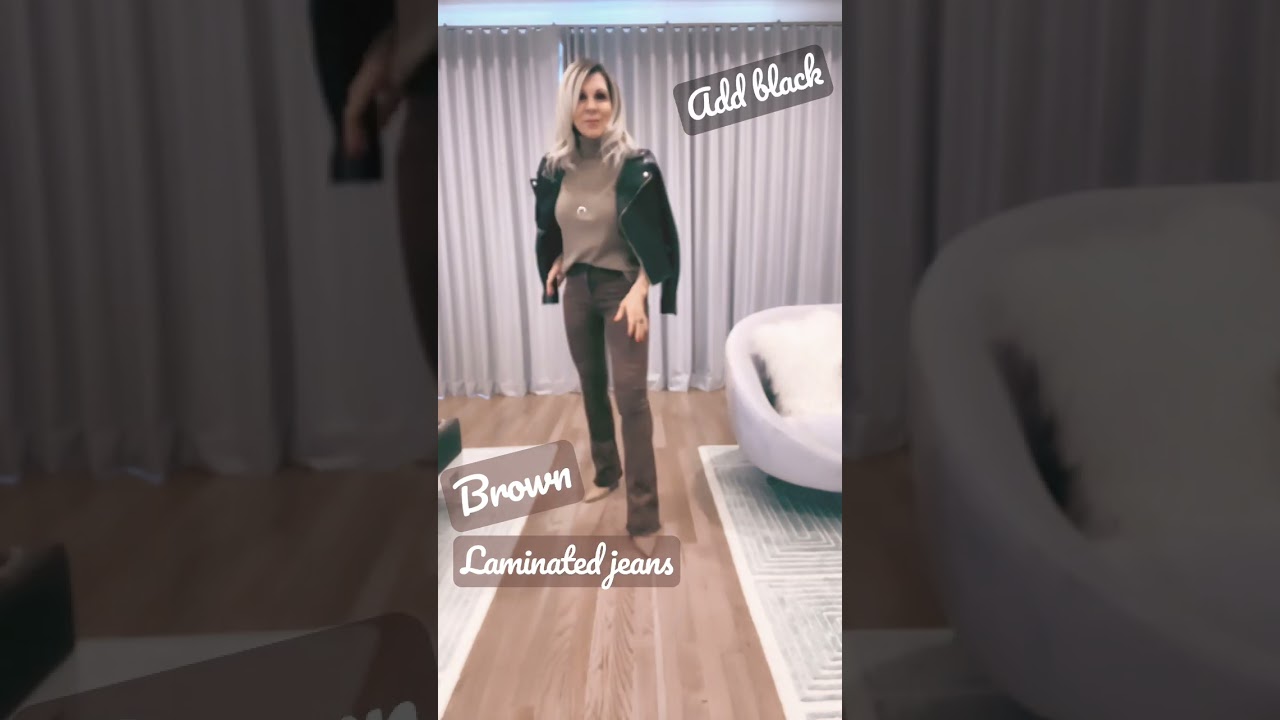 Fashion over 50! #shorts #brown&black #blackleatherjacket #laminatedjeans