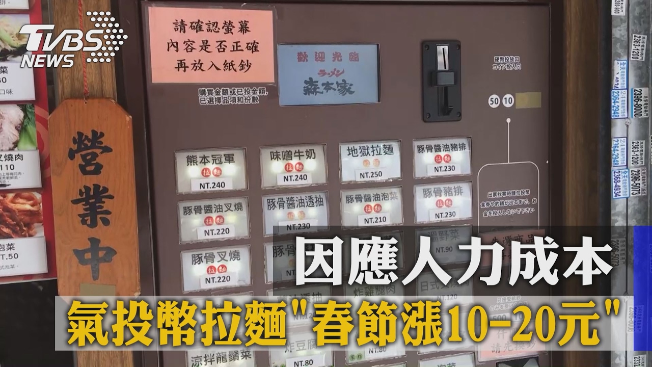 因應人力成本 人氣投幣拉麵「春節漲10-20元」