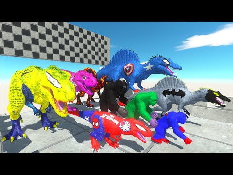 x3 T-rex vs x3 Spino vs x3 Goro Thousand Walls Racing Championship - Animal Revolt Battle Simulator