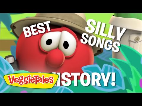 VeggieTales thumbnail: a red cartoon character wearing a hat in a bright jungle background, with bold white text reading 'BEST SILLY SONGS STORY!' and the VeggieTales logo.
