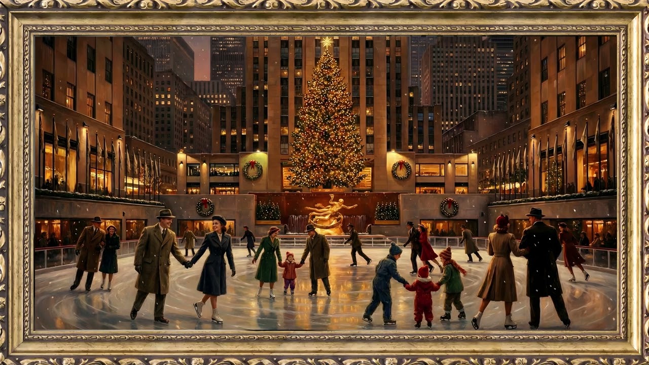 Vintage Rockefeller Center Christmas Tree Ice Skating Gold Frame | 2 Hours 4K — 4K ambient art screensaver in baroque gold frame