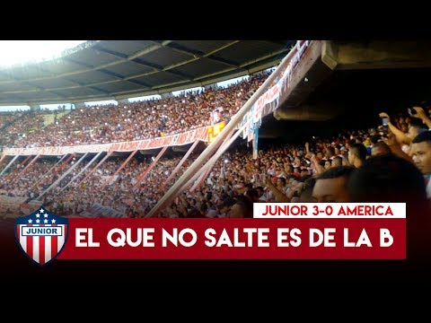 "El que no salte es de la B | Junior 3-0 America, Frente Rojiblanco Sur" Barra: Frente Rojiblanco Sur • Club: Junior de Barranquilla