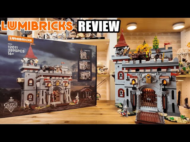 Vídeo relacionado con Lumibricks Kit de construcción de armería de castillo medieval, 2895 piezas con 11 luces LED, puente levadizo movible y puerta, armas de asedio, 4 minifiguras, serie medieval expandible, juego de