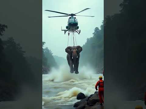 Heroic rescue! 🐘🚁 Elephant saved from drowning by helicopter. Incredible teamwork!  #ElephantRescue