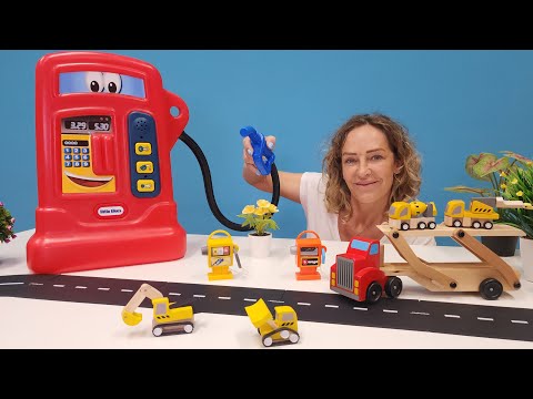 Fun with Nicole - The little construction vehicles go to the playground - Wooden toy cars