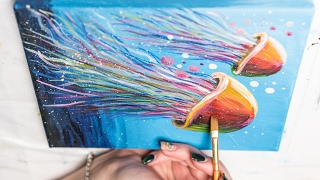 Family of colorful jellyfish on the sea bottom - Acrylic painting (4k)