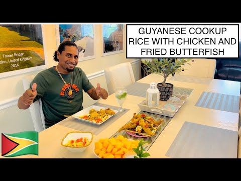 GUYANESE COOKUP RICE WITH CHICKEN AND FRIED BUTTERFISH