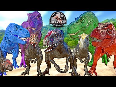Colorful Tyrannosaurus REX Team vs  Grimmified Skin Team Dinosaurs Fight 🌍 JURASSIC WORLD EVOLUTION