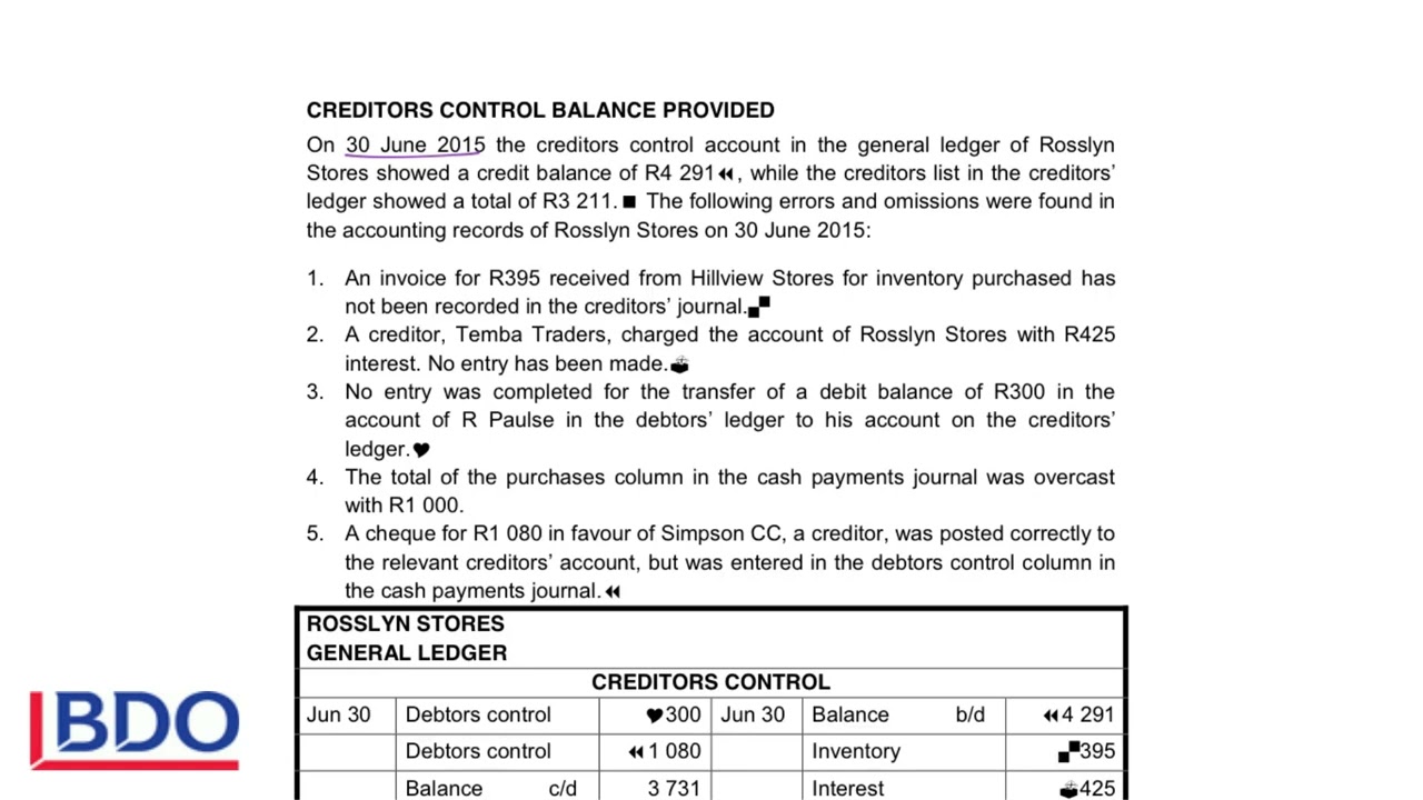 4. Reconciliation between creditors control account and creditors list