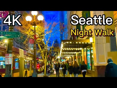 Downtown Seattle Night Walk in Winter | Top Attractions Space Needle