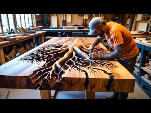 Talented Carpenter Builds Desk & Dining Table with Electric Burning Art & Glossy Epoxy