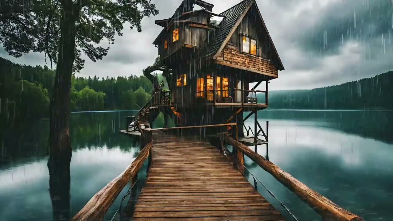 Dispel Worries to Deep Sleep with Sweeping Rain and Music Piano, Dense Wind on Fragile Tin Roof