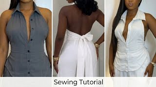How To Cut And Sew A Backless Halter Neck Shirt || How to sew a simple shirt for beginners