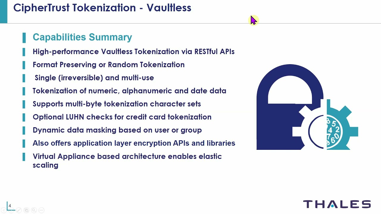 Thales CipherTrust Manager console showing tokenization policy configuration with FPE format definitions, key management, and compliance scope mapping