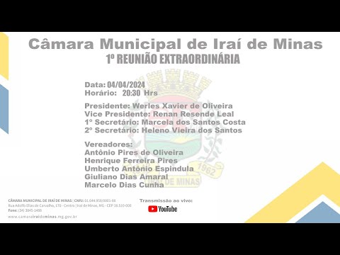 1º REUNIÃO EXTRAORDINÁRIA 04/04/2024 - CÂMARA MUNICIPAL DE IRAÍ DE MINAS MG
