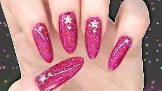 DIY GEL POLISH EFFECT NAILS - HOT PINK HOLOGRAPHIC GLITTER NAILART WITH STUDS