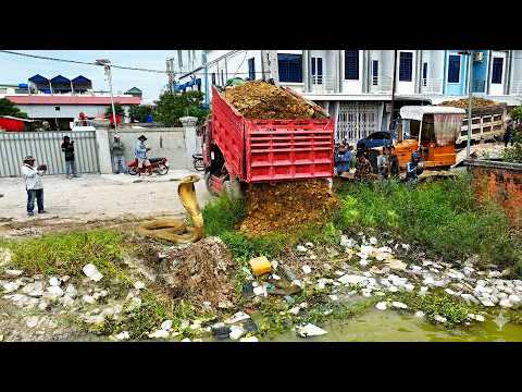First Start Huge New Project! Landfill on Flooded Garbage Using Dozer D31P Pushing Stone Into Water