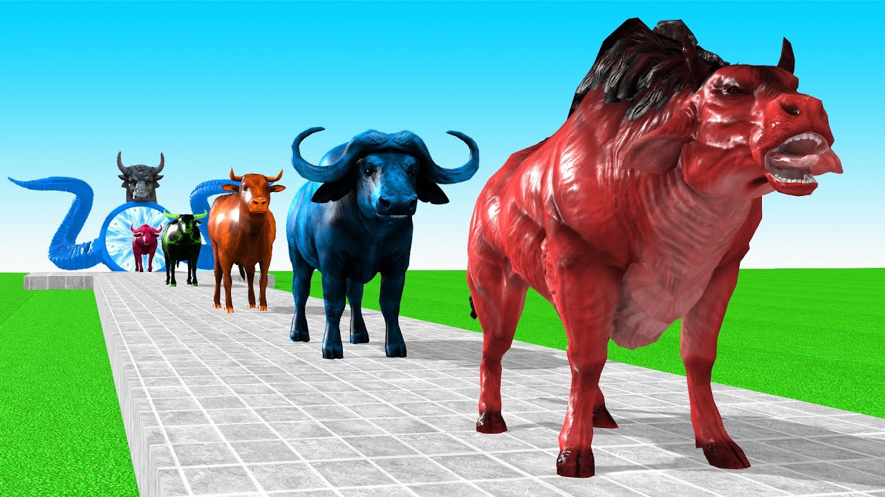 動物の牛の漫画、バッファロー、雄牛、ヤク、牛、バイソンの噴水を渡る動物変身ゲーム Animal transformation game with Cow Cartoon, Buffalo, Bull