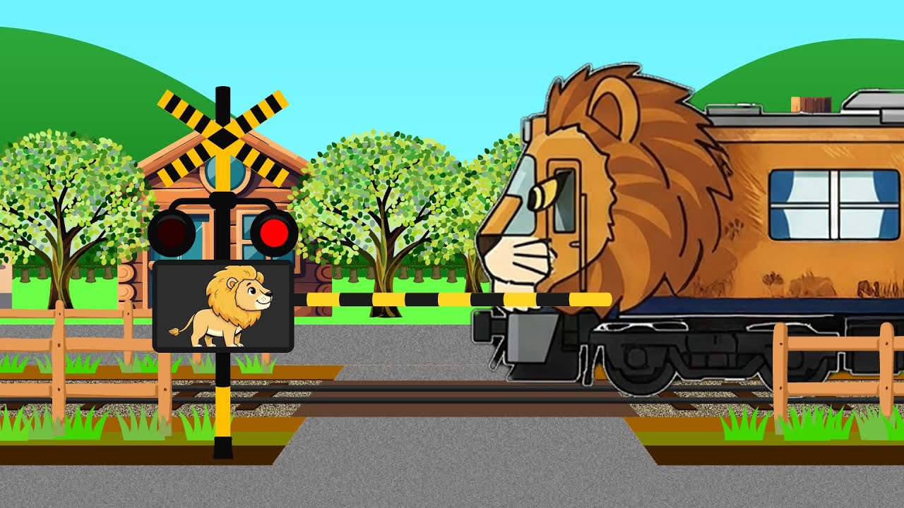 動物電車が踏切を通り過ぎるアニメ | Animal train passes a railroad crossing for Kids