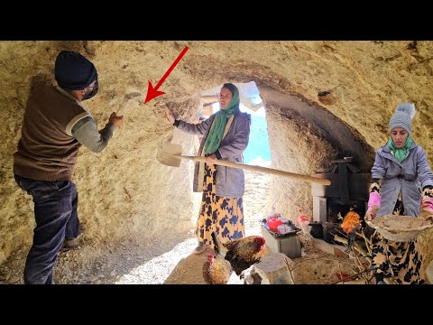 Snowy mountain shelter, long winter: Pregnant mother's efforts to expand cave