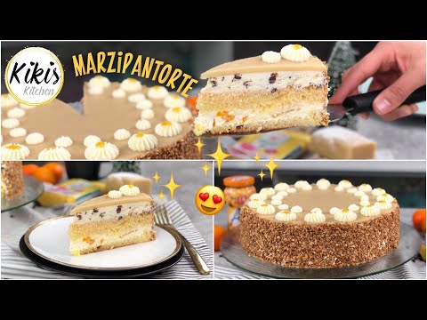Leckere Marzipantorte - Lockerer Biskuit mit Sahnecreme, Aprikose und Krokant / unglaublich lecker