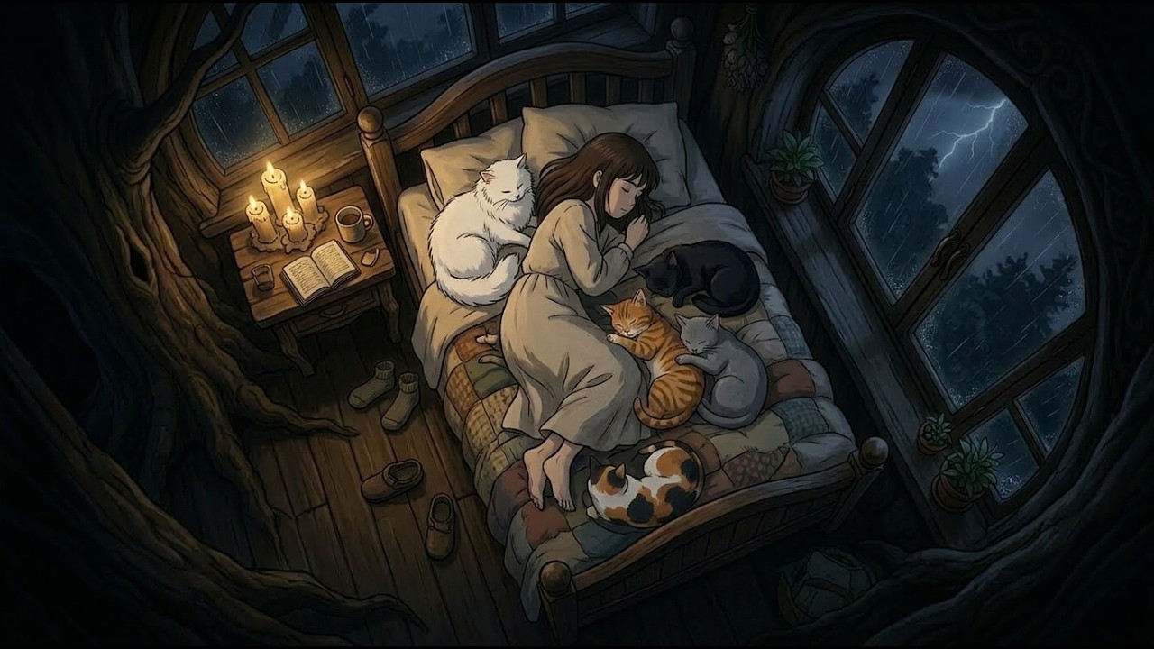 Living Alone in a Giant Tree During Endless Rain - Girl and Her Cats | Ghibli ASMR