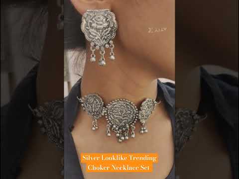 Silver Look a Like Oxidized Choker Necklace Set