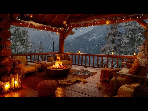 Gentle November Winter with Smooth Piano ❄️ Cozy Cabin with Falling Snow and Glowing Fireplace