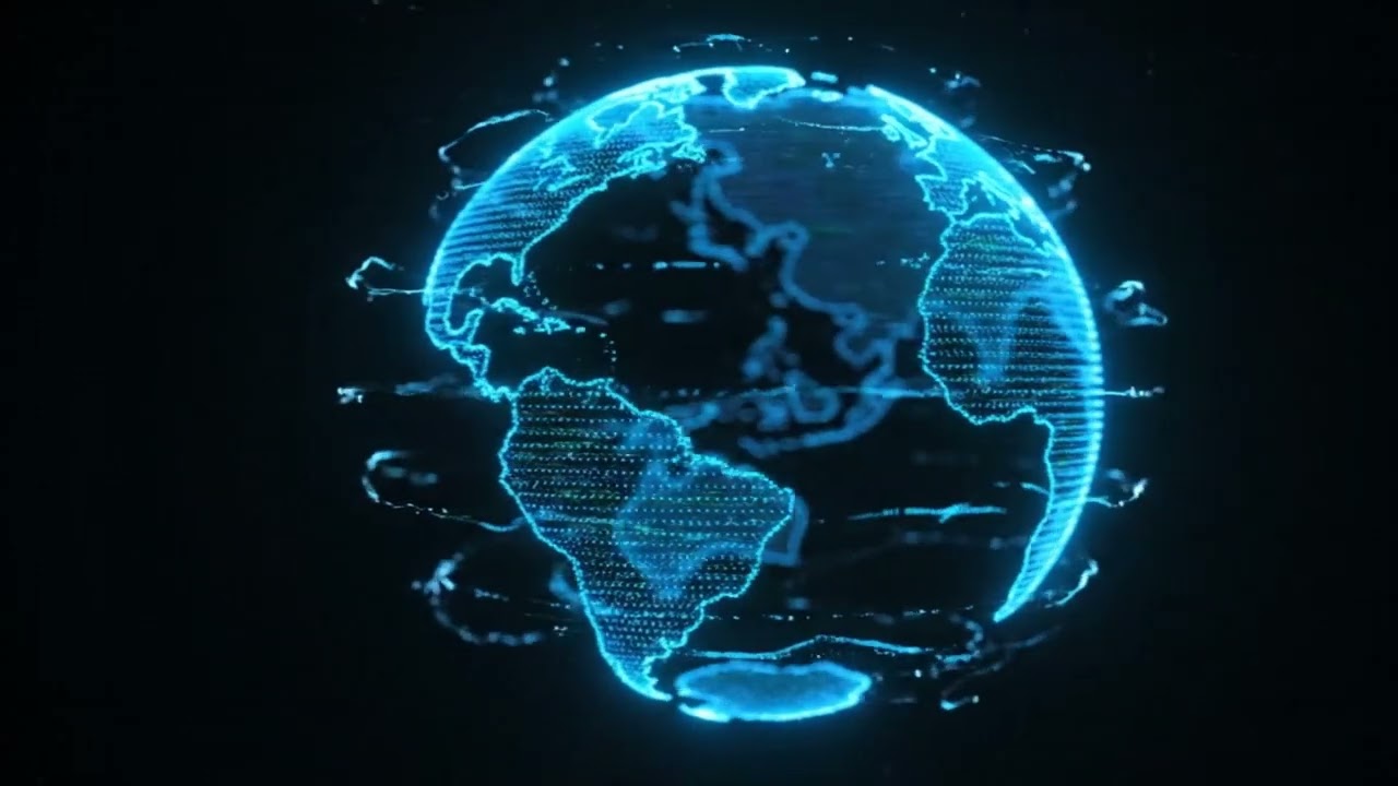 Glowing blue digital earth hologram rotating in dark space with data streams and particles