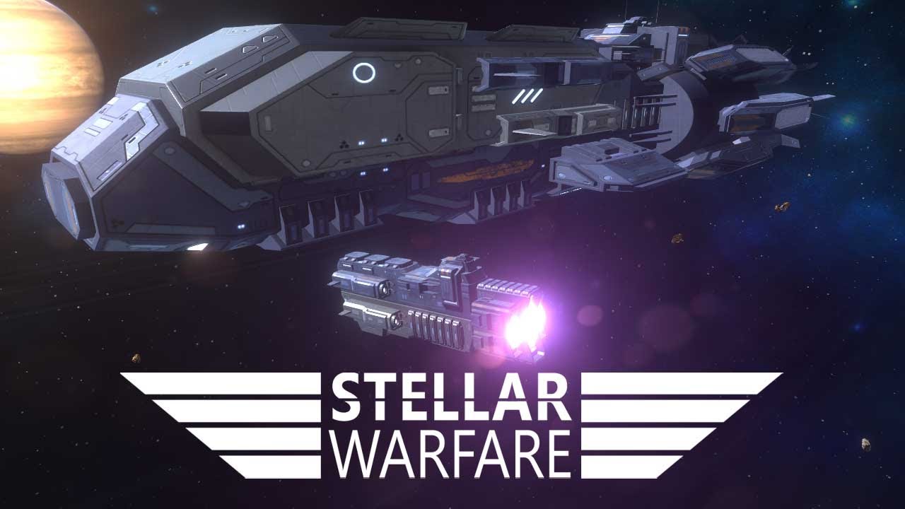 Space fleet battle with ships firing across a starfield