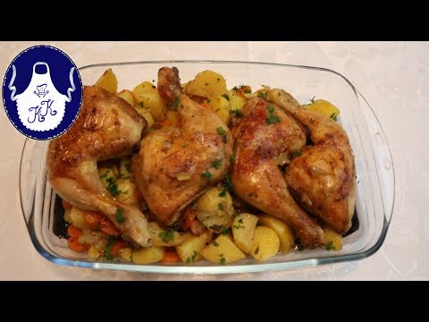 Juicy chicken thighs with potatoes and carrots - prepared in the oven