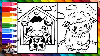Desenhar e Colorir uma Vaca e uma Ovelha na Fazenda 🐮🐑🌈 Desenhos para Crianças