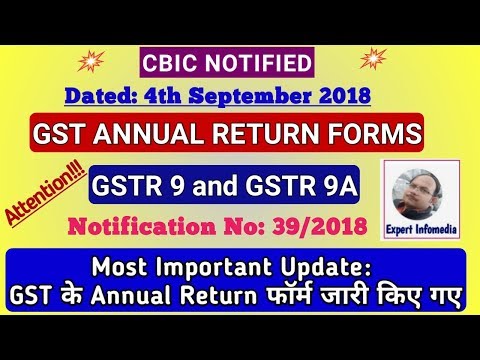 GST ANNUAL RETURN FORMS ARE NOTIFIED: GSTR 9 & GSTR 9A NEW FORMATS RELEASED -NOTIFICATION No 39/2018