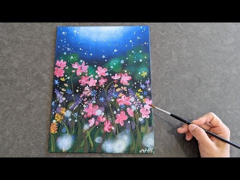 Dreamy flower field / Bokeh background / Acrylic painting tutorial #55 / Moon night / Under water