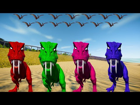 Rexy Color Pack vs Indoraptor, Spinosaurus, I-Rex - Jurassic World Evolution Dinosaurs Fighting