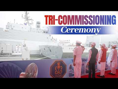 PM participates in a Tri-Commissioning ceremony of INS Dunagiri, INS Sanshodhak & INS Agray