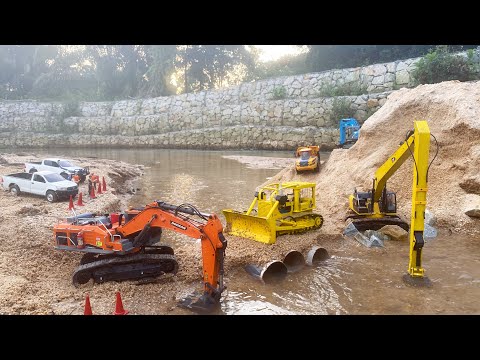 Strong Scale 1/16 : RC Excavator Huina DOOSAN, KOBELCO, CATERPILLAR & BULLDOZER Making Pipeline