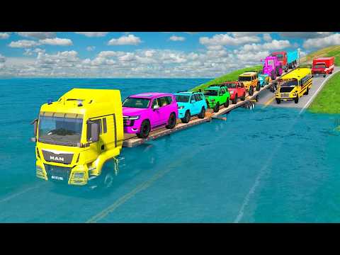 Triple Flatbed Trailer McQueen Transportation with Truck - Speedbumps vs Cars vs Train - BeamNG #378