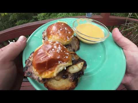 Oktoberfest pretzel bratwurst beer cheese slider burger recipe Blackstone