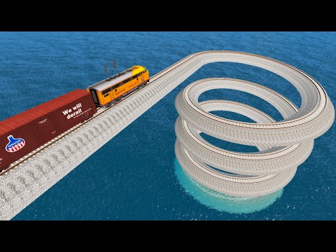 Impossible Spiral Rail Tracks Vs Trains Crossing Giant Pit - BeamNG.Drive