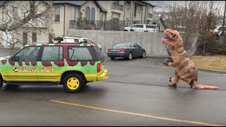 FUNNY! (Inflatable) T-Rex Dinosaur Suit Attacks Jurassic Park Employee