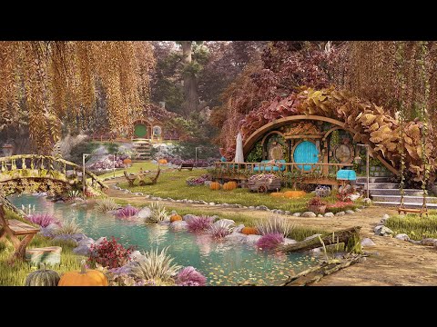 Cozy Hobbit Village Ambience 🍁 Autumn Day in The Shire, Occasional Rain, Wind Chimes & Nature Sounds