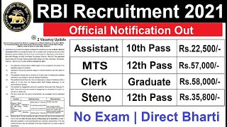 RBI Recruitment 2021 22 | RBI Vacancy 2021 | Latest Government Job 2021 | 10th,12th,Graduate Pass