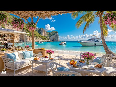 Seaside Coffee Shop Ambience with Relaxing Bossa Nova Jazz Music & Crashing Waves for Stress Relief