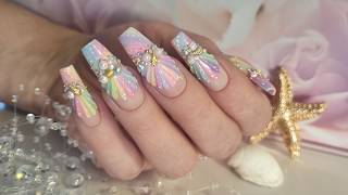 Recreating AI inspired mermaid nails. 3D texture shell nails