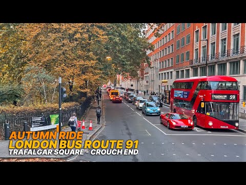 London bus ride starting with sunshine to rain, travelling from central to north London - Bus 91 🚌