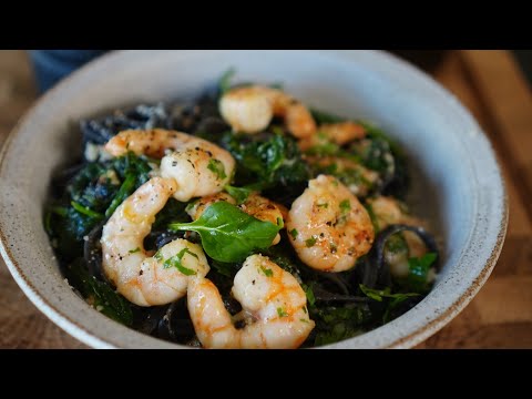 Squid Ink Spaghetti with Garlic and Lemon Shrimp