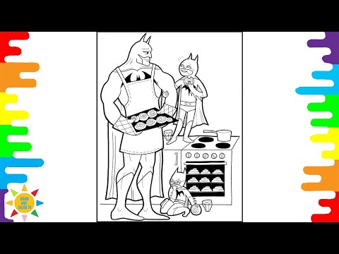 BATMAN  Coloring Page, Batman and His Children Coloring Page, Batman is Making Cookies Coloring Page